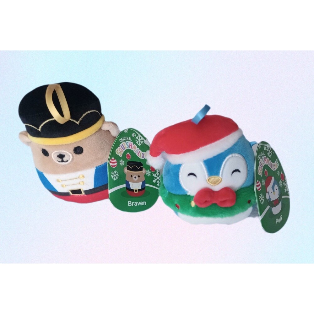 NWT 4in Squishmallow Winter Holiday Ornaments 2pc Set PUFF Penguin+ BRAVEN Bear